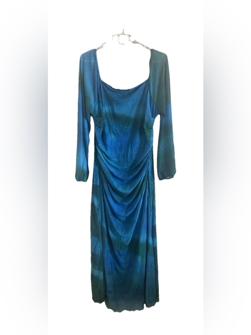 Blue Teal Long Sleeve Draped Maxi Dress